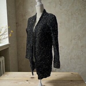 Faith + Linen Black‎ & Metallic Gold Shaggy Eyelash Cardigan Sweater S/M